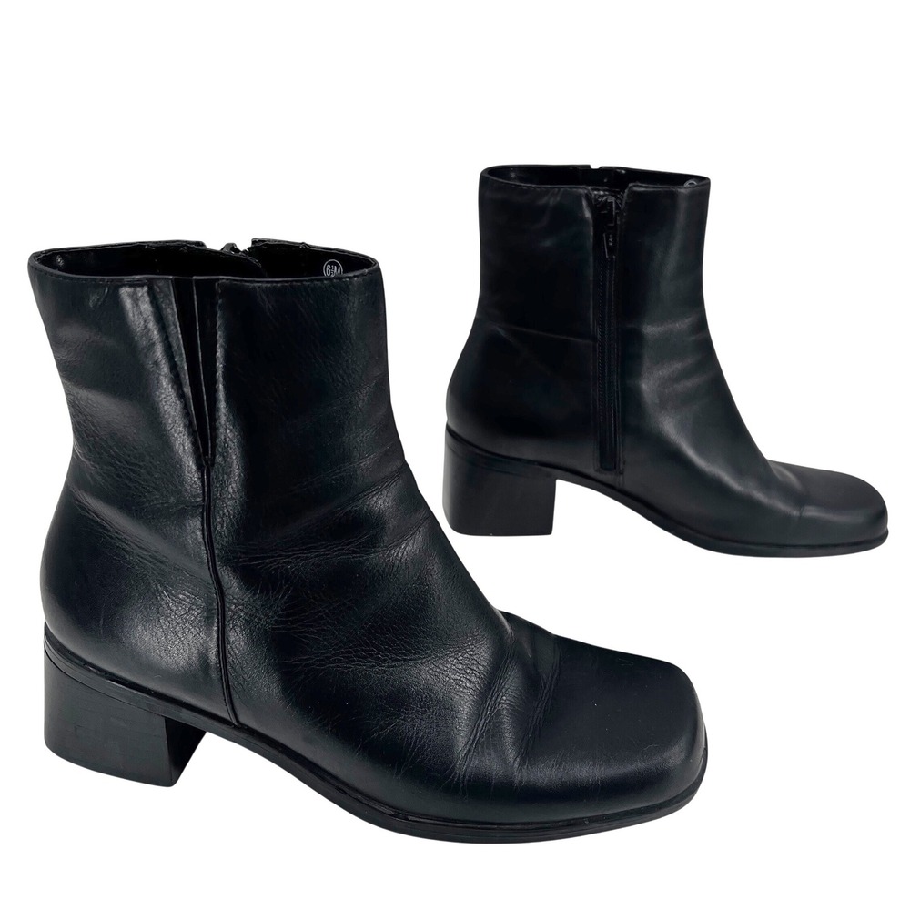 Vintage 90s Madeline Stuart‎ Black Leather Square Toe Zip Ankle Boot 6.5M